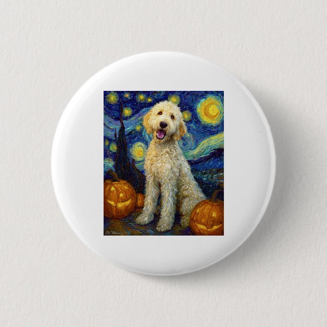 Macaron Rond 5 Cm Goldendoodle mignon chien Halloween Jack-o'-lanter (Devant)