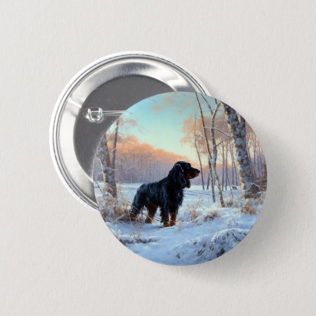 Macaron Rond 5 Cm Gordon Setter Laisse Il Neige Noël (Devant & derrière)