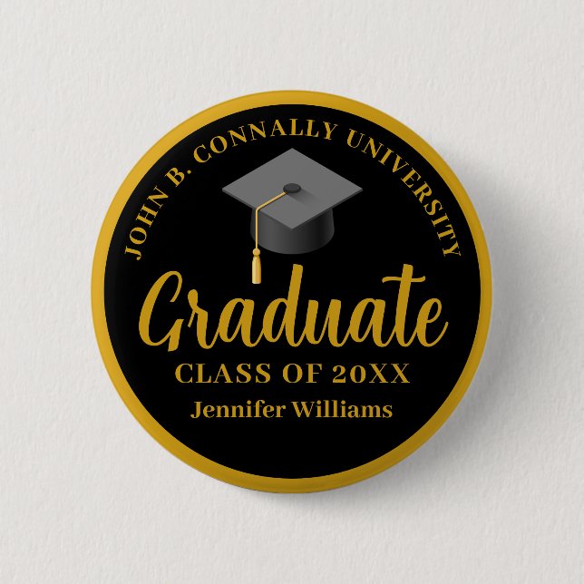 Macaron Rond 5 Cm Graduation Gold Black Personnalisée 2025 Graduate (Devant)