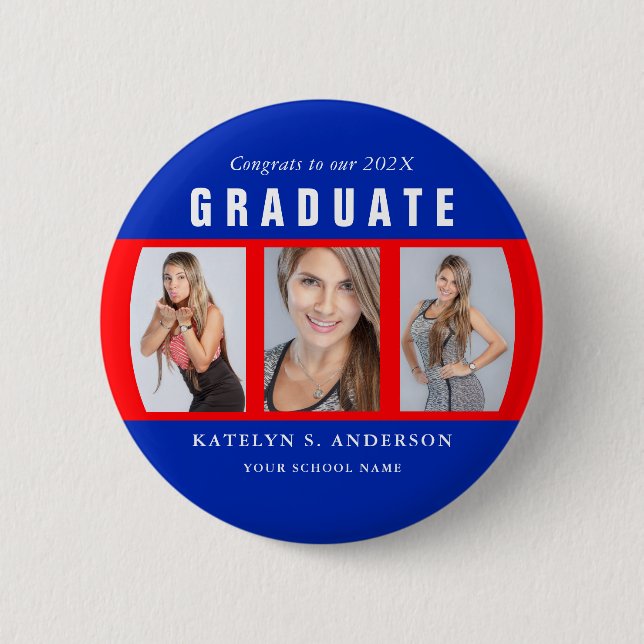 Macaron Rond 5 Cm Graduation Rouge et Bleu Photo Collage personnalis (Devant)