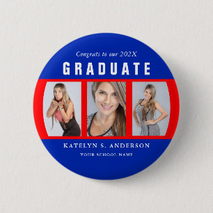 Macaron Rond 5 Cm Graduation Rouge et Bleu Photo Collage personnalis