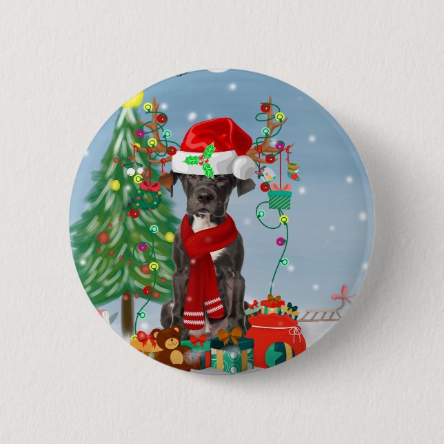 Macaron Rond 5 Cm Grand chien Danois avec cadeaux de Noël   (Devant)