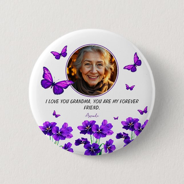 Macaron Rond 5 Cm Grand-mère de papillon violet floral (Devant)