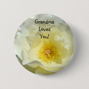 Macaron Rond 5 Cm Grand-mère vous aime ! Boutons cadeaux Fleur Rose