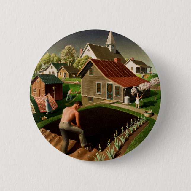 Macaron Rond 5 Cm Grant Wood Spring in Town (1941) (Devant)