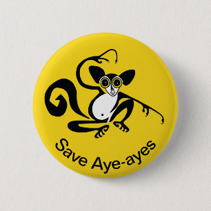 Macaron Rond 5 Cm Graphique Sauver AYE-AYES -Primate - Faune - Jaune