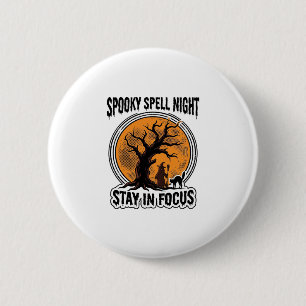 Macaron Rond 5 Cm Graphisme sorcière d'Halloween vintage et chat noi