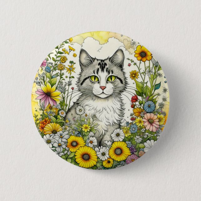 Macaron Rond 5 Cm Gray Kitty Chat assis en Fleurs (Devant)