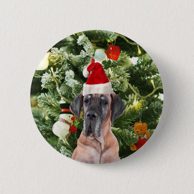 Macaron Rond 5 Cm Great Dane w Christmas Tree Cadeaux Boîtes de Noël (Devant)