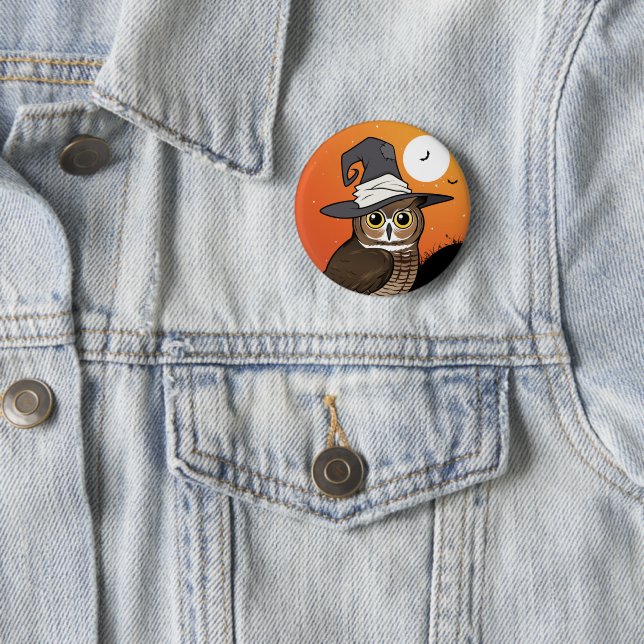 Macaron Rond 5 Cm Great Horned Owl Witch! (En situation)