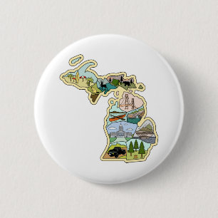 Macaron Rond 5 Cm Great Lake State Michigan Vintage Illustrated Map
