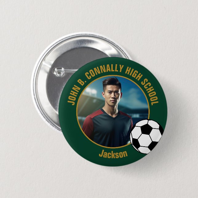 Macaron Rond 5 Cm Green Gold Soccer Player Photo High School (Devant & derrière)