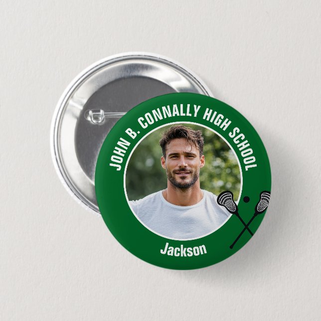 Macaron Rond 5 Cm Green Lacrosse Player Photo High School Spirit (Devant & derrière)