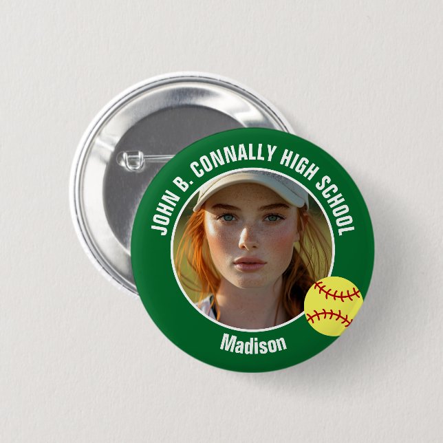 Macaron Rond 5 Cm Green Softball Player Photo High School Spirit (Devant & derrière)