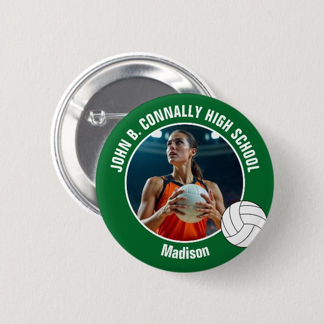 Macaron Rond 5 Cm Green Volleyball Player Photo High School Spirit (Devant & derrière)