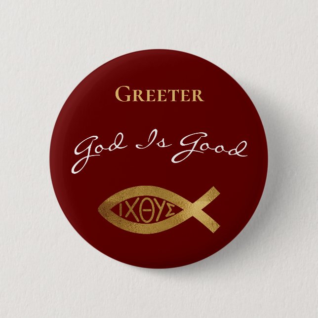 Macaron Rond 5 Cm Greeter Christian Church Dieu est bon moderne roug (Devant)