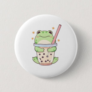 Macaron Rond 5 Cm Grenouille Chibi Mignonne Enlaçant une Tasse de Th