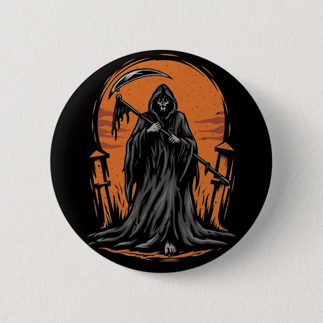 Macaron Rond 5 Cm Grim Reaper Cartoon in Sunset Graveyard (Devant)