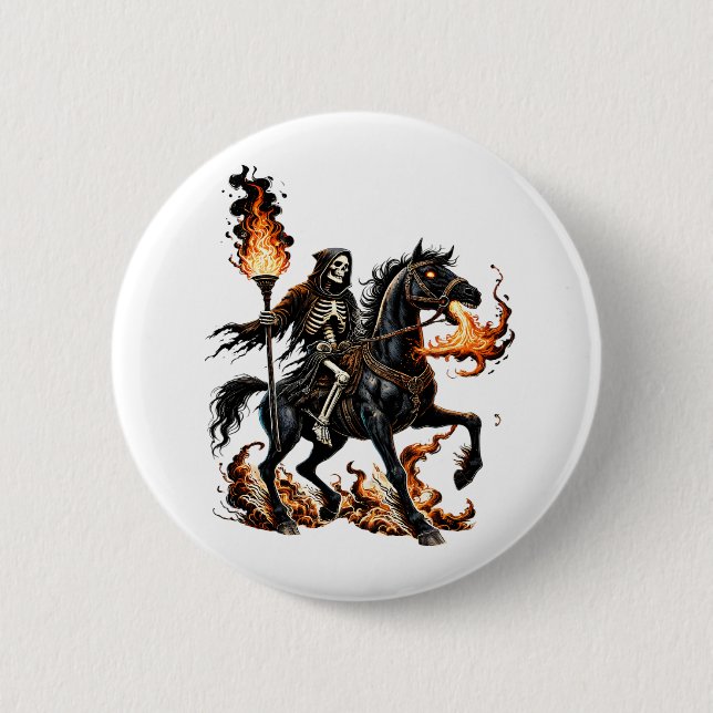 Macaron Rond 5 Cm Grim Reaper Skeleton équitation Horse Flames (Devant)