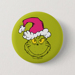 Macaron Rond 5 Cm Grinch avec un chapeau de Père Noël rose