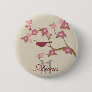 Macaron Rond 5 Cm Gris nommé fait sur commande de bouton d'oiseau