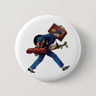 Macaron Rond 5 Cm Groom d'époque en uniforme, valise et club de golf