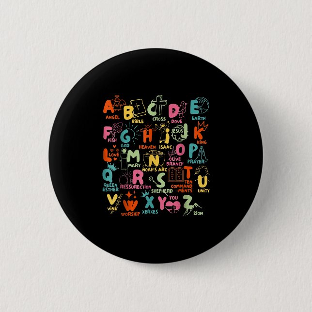 Macaron Rond 5 Cm Groovy Biblical Alphabet Christian Teacher Student (Devant)
