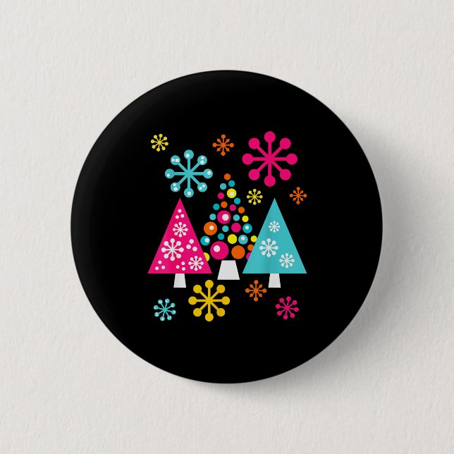 Macaron Rond 5 Cm Groovy Retro Christmas Trees And Snowflakes  (Devant)