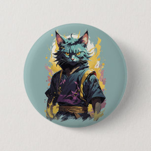 Macaron Rond 5 Cm Guerrier Chat Ninja Éclaboussure de Feu Cool Gris