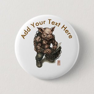 Macaron Rond 5 Cm Guerrier de cochon mutant - Boucher Cyberpunk avec