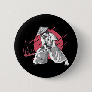 Macaron Rond 5 Cm Guerrier Samouraï Frappant avec Katana