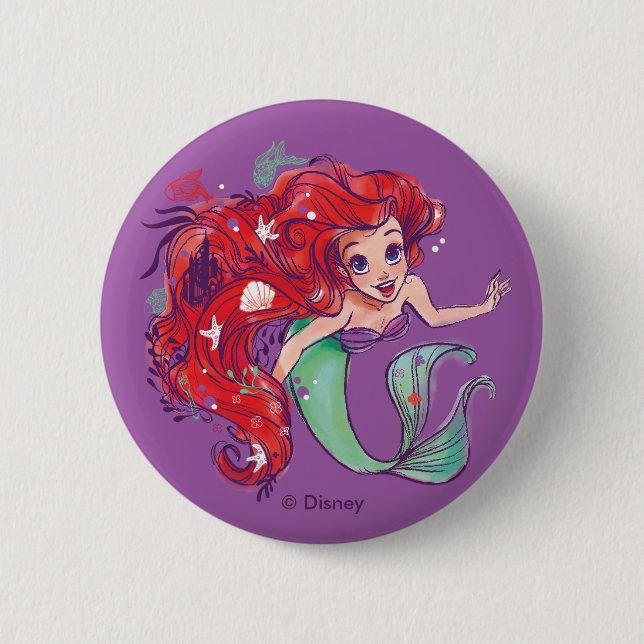 Macaron Rond 5 Cm Hair Princesse Ariel aquarelle décorée (Devant)