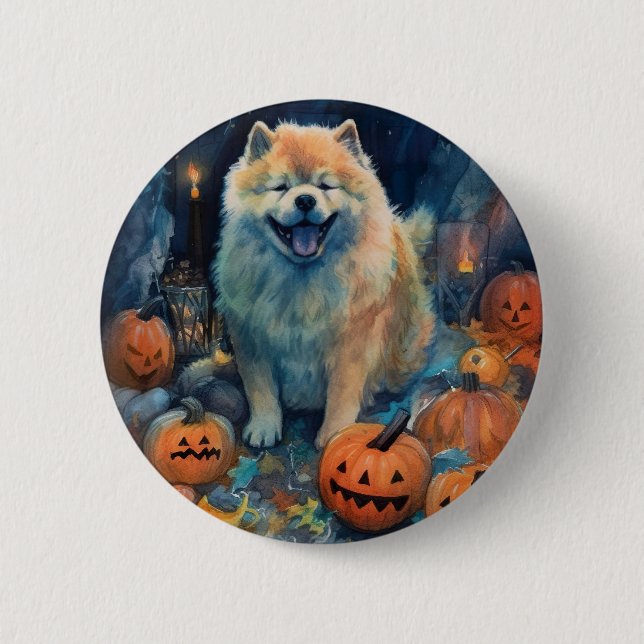 Macaron Rond 5 Cm Halloween Chow Chow Avec La Peur Citrouille (Devant)