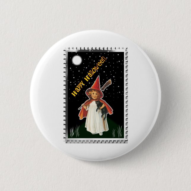 Macaron Rond 5 Cm Halloween - Petite fille avec chambre et chat noir (Devant)