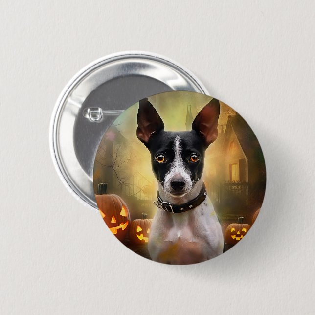 Macaron Rond 5 Cm Halloween Rat Terrier Avec La Peur Citrouille (Devant & derrière)