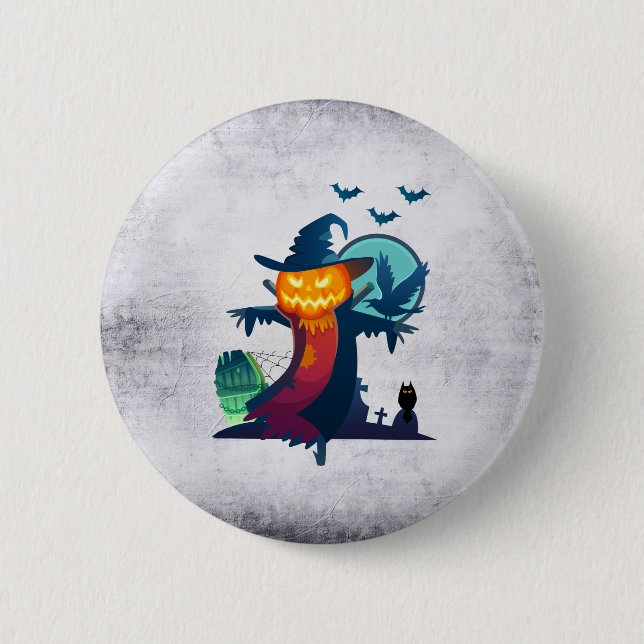 Macaron Rond 5 Cm Halloween Scarecrow With Bats Crow and Owl (Devant)