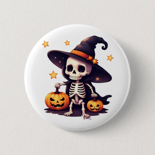 Macaron Rond 5 Cm Halloween Squelette sorcière botton Pin (Devant)