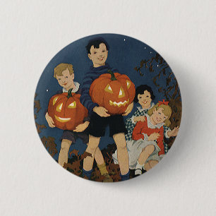 Macaron Rond 5 Cm Halloween vintage, Enfants tenant des citrouilles