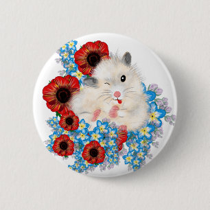 Macaron Rond 5 Cm Hamster syrien de sable blanc super mignon en fleu