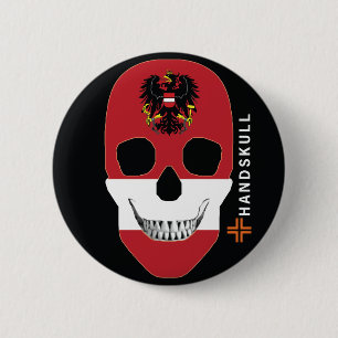 Macaron Rond 5 Cm HANDSKULL Autriche, Happy skull, drapeau d'Autrich