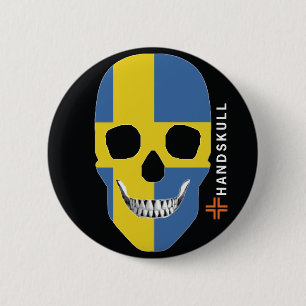 Macaron Rond 5 Cm HANDSKULL Suède, Happy crâne, Drapeau Suède