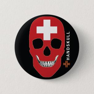 Macaron Rond 5 Cm HANDSKULL Suisse, Happy skull, drapeau suisse