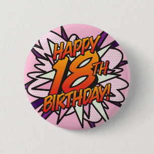Macaron Rond 5 Cm HAPPY 18TH BIRTHDAY Pink Fun Retro Comic Book