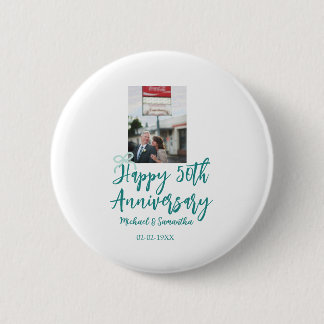 Macaron Rond 5 Cm Happy 50th anniversary photo turquoise bow name da