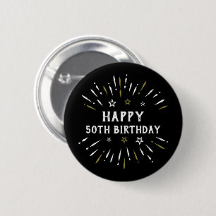 Macaron Rond 5 Cm Happy 50th Birthday Fireworks Black White Gold