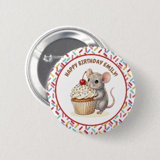 Macaron Rond 5 Cm Happy Birthday Personalized Mouse & Cupcake Photo