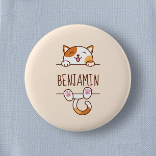 Macaron Rond 5 Cm Happy Calico Cat Peeking behind Custom Name