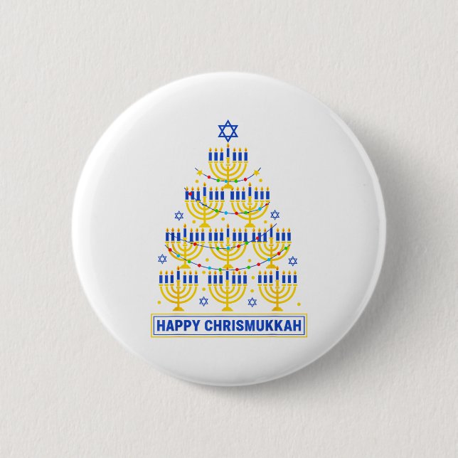 Macaron Rond 5 Cm Happy Chrismukkah Hanukkah Light Tree Jewish Holid (Devant)