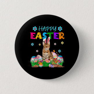 Macaron Rond 5 Cm Happy Easter Bunny Bengal Cat Hunting Eggs Colourf