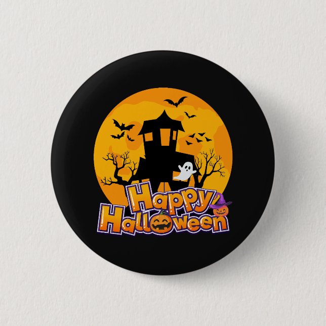 Macaron Rond 5 Cm Happy Halloween Haunted House Moon (Devant)